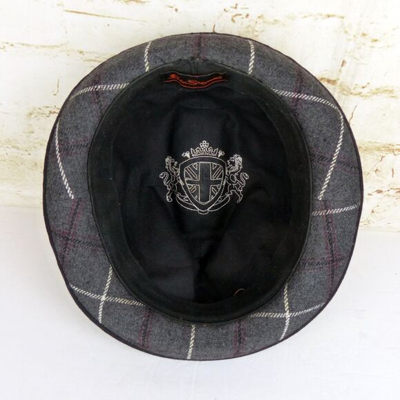 Y2K Ben Sherman Fedora Hat Men L/XL Gray Plaid Wool Black Band Emo Grunge Preppy - Picture 9 of 11